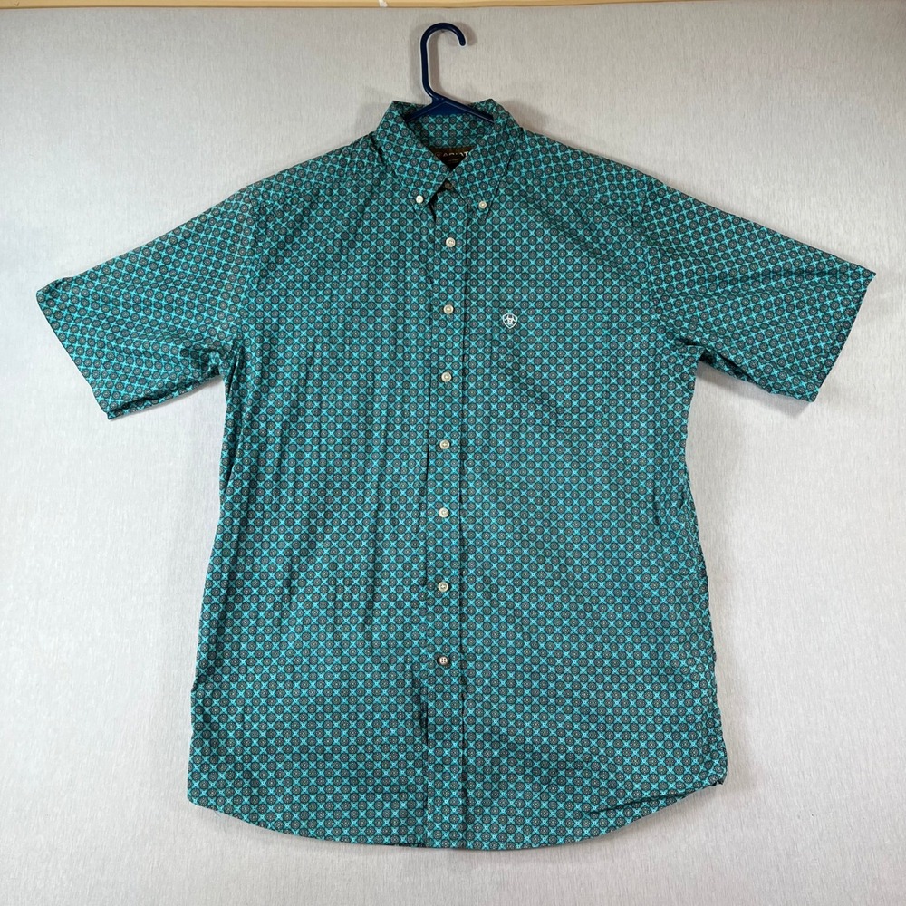 Ariat Shirt Mens LT Short Sleeve Button Down Teal Geometric Medallion Cotton